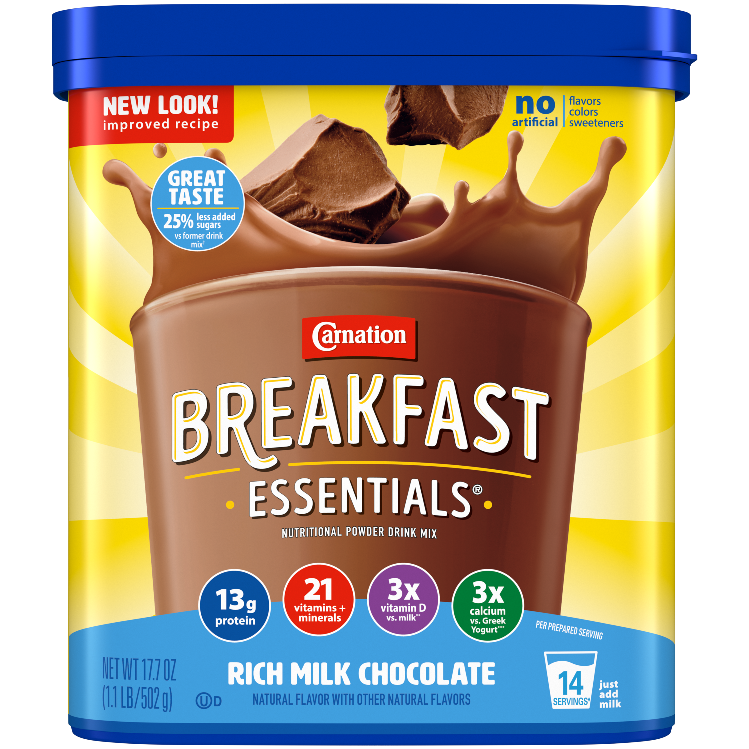 Carnation Breakfast Essentials® nutritional powder rich milk chocolate drink mix with new look and improved recipe