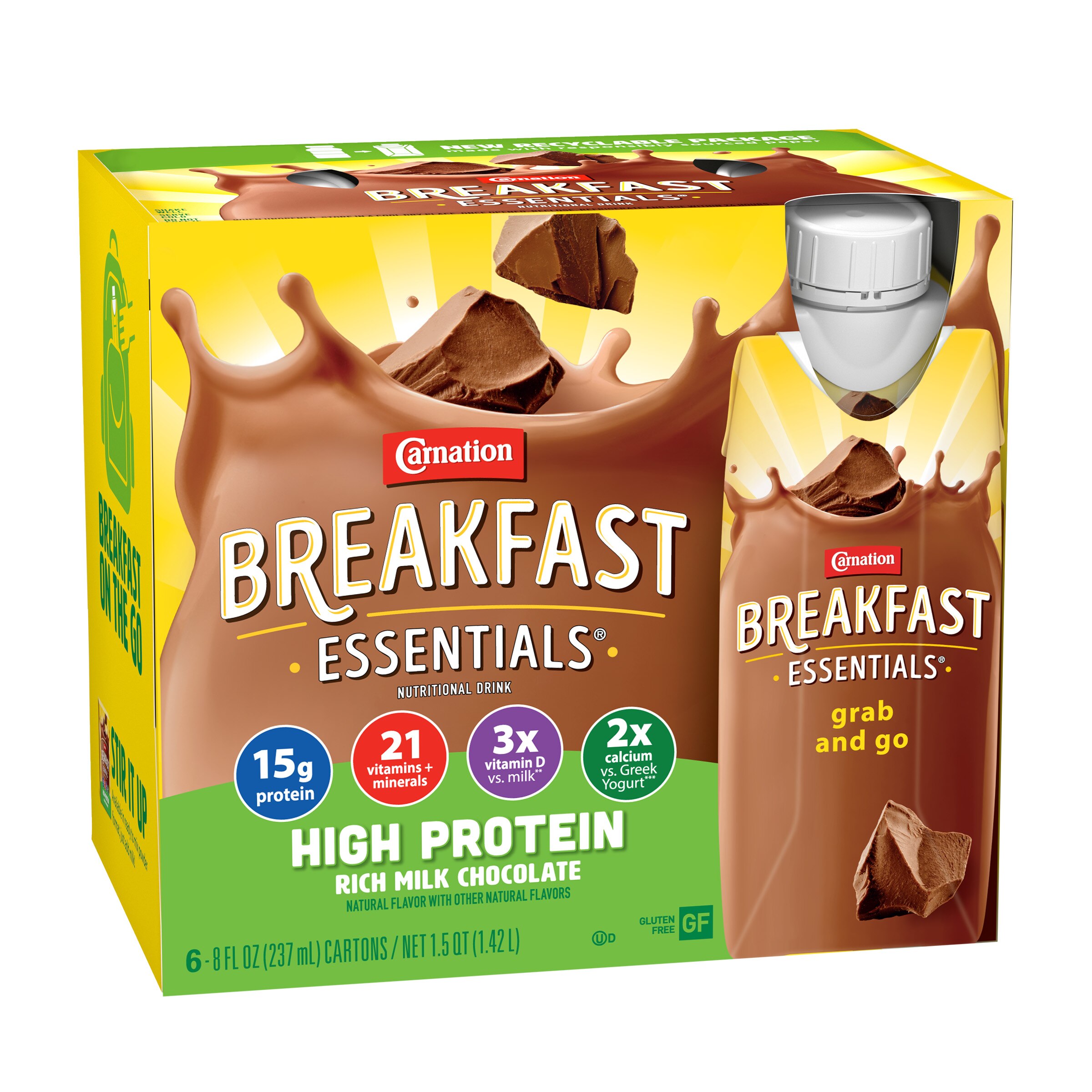 Carnation Breakfast Essentials® nutritional drink high protein rich milk chocolate with new look of 6 cartons