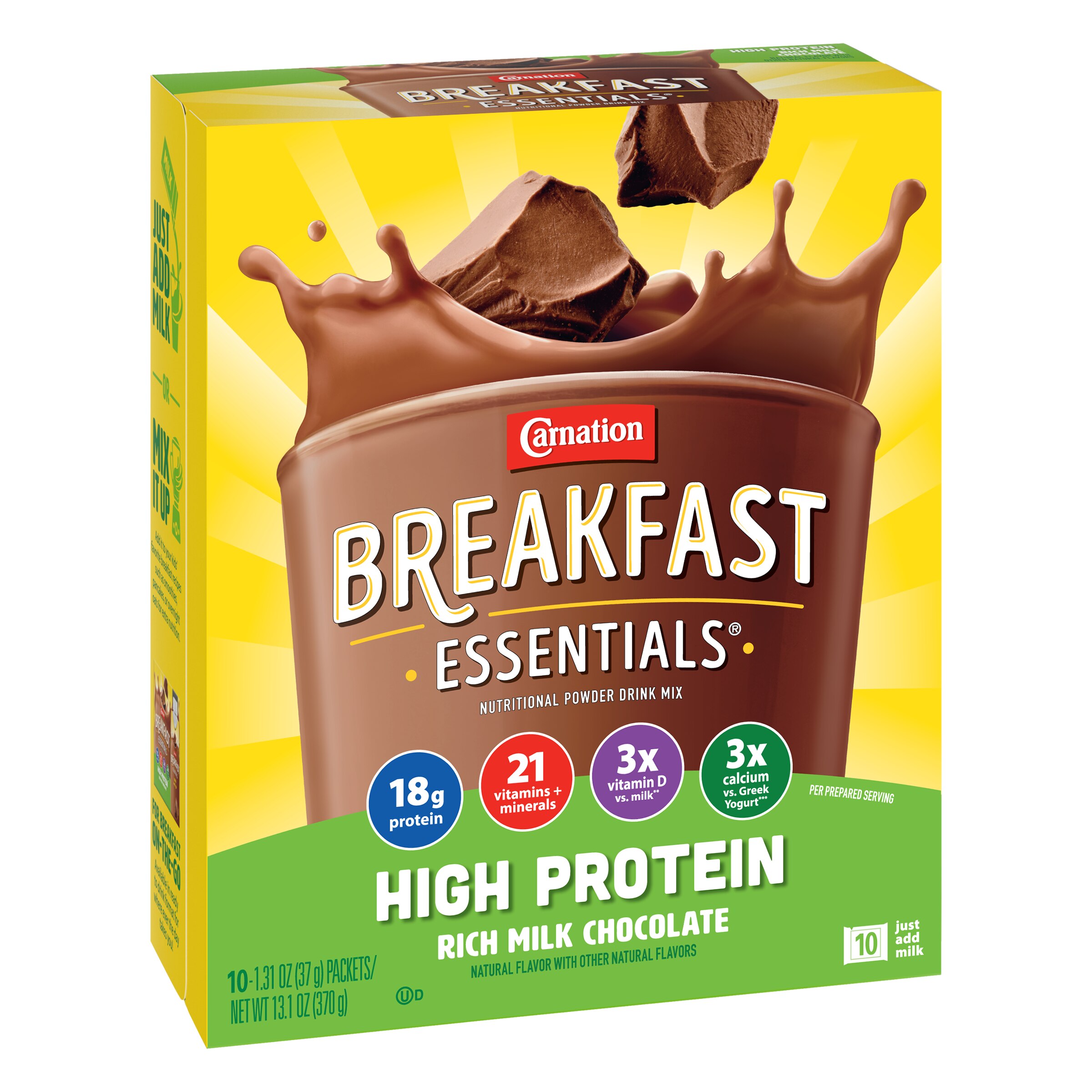 Carnation Breakfast Essentials® high protein rich milk chocolate new look improved recipe