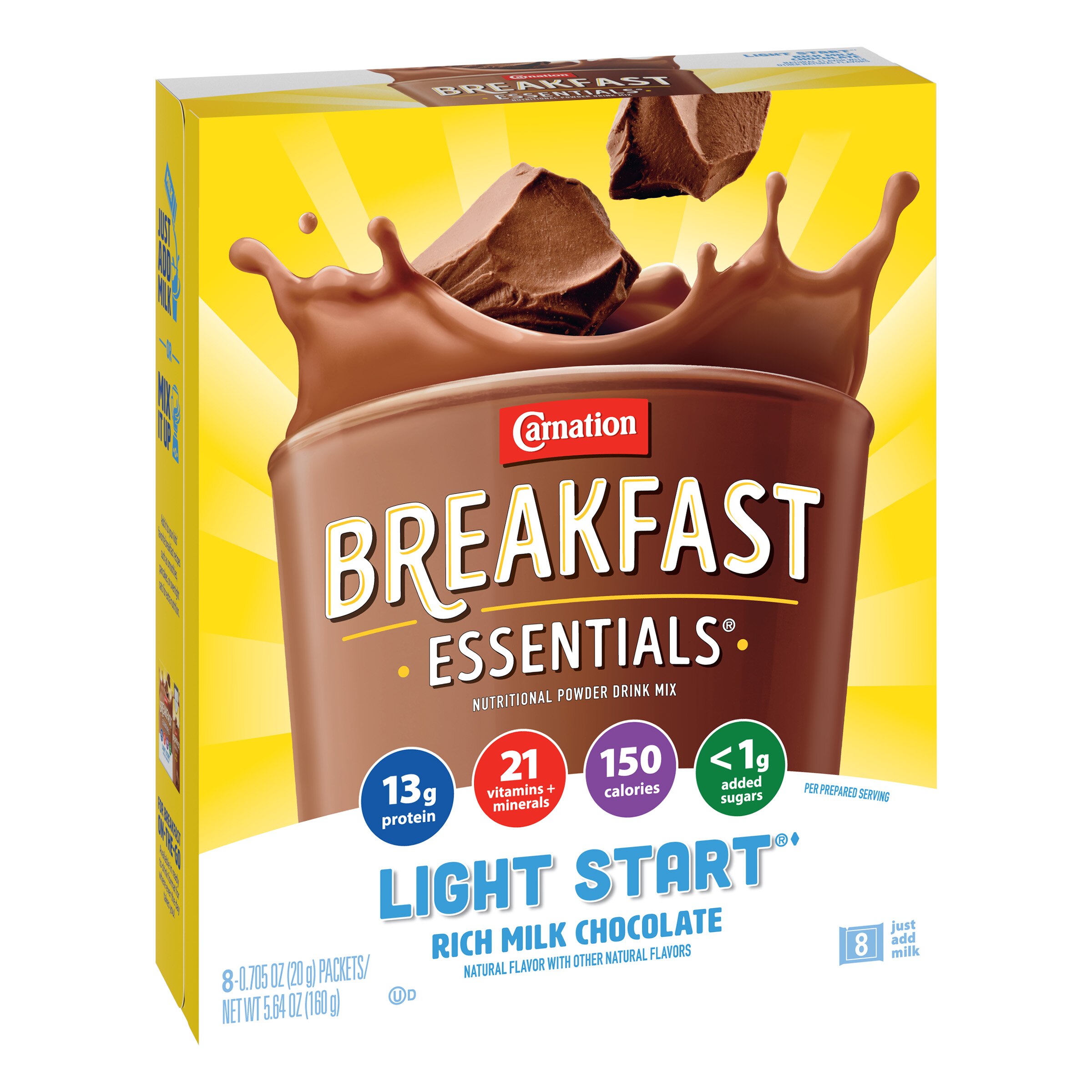 Carnation Breakfast Essentials® nutritional powder drink light start rich milk chocolate with new look