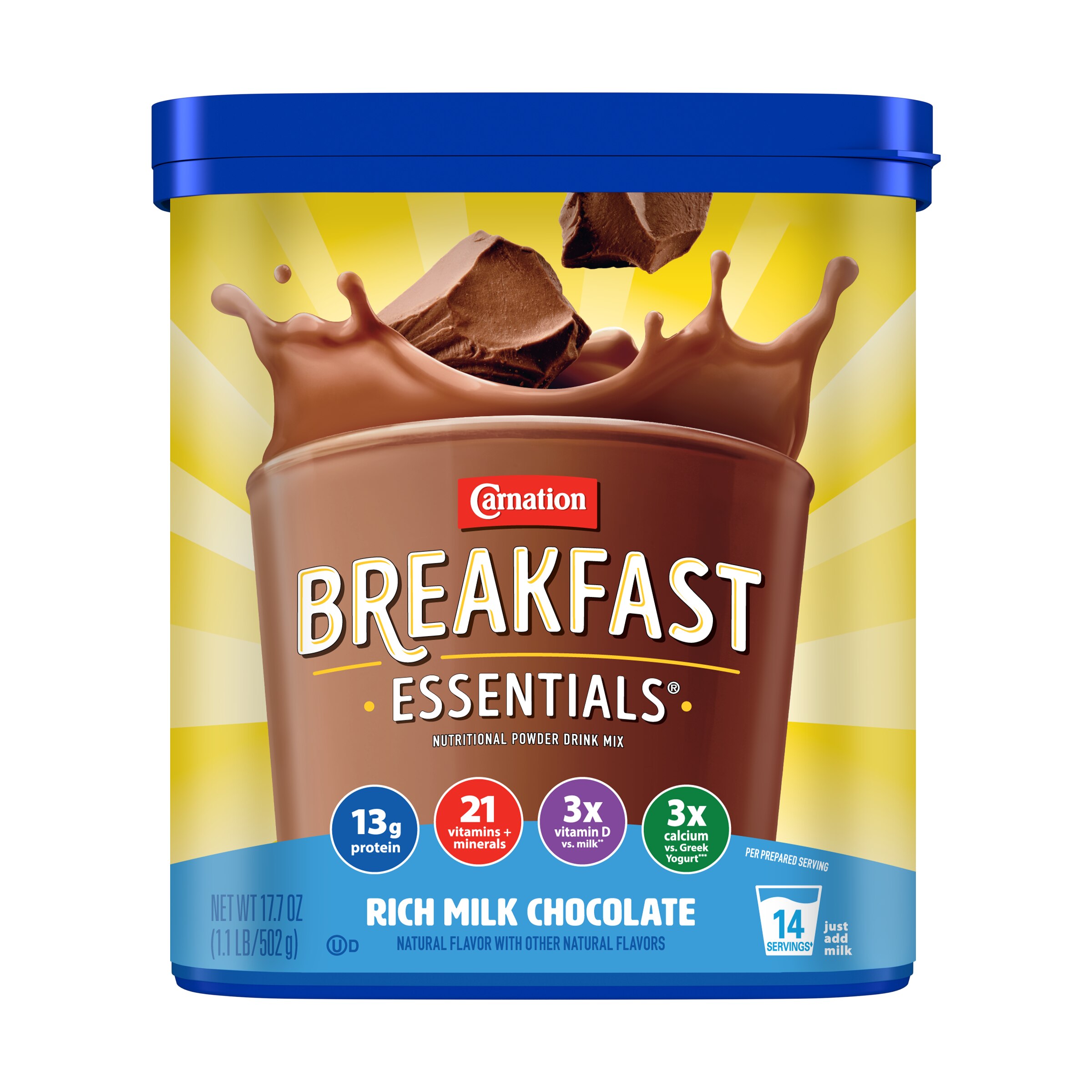 Carnation Breakfast Essentials® nutritional powder rich milk chocolate drink mix with new look and improved recipe